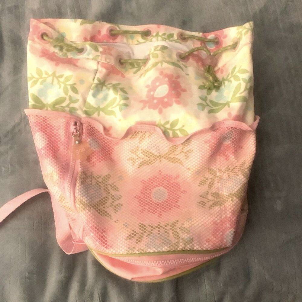 Vintage Gap Floral Mesh Drawstring Cinch Barrel Backpack Pink Green Y2K 2004